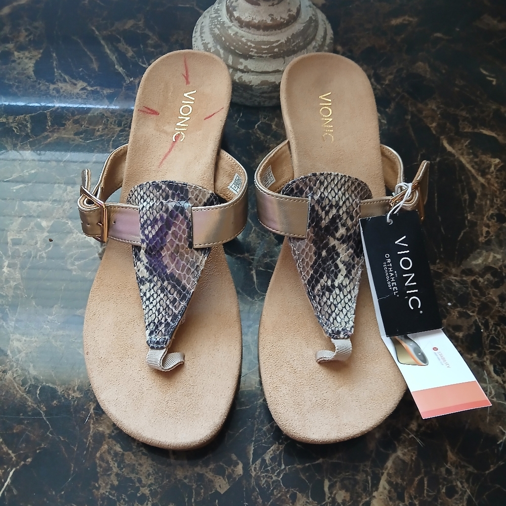 Vionic Women's Metallic Gold Snake-Print Thong Sandals